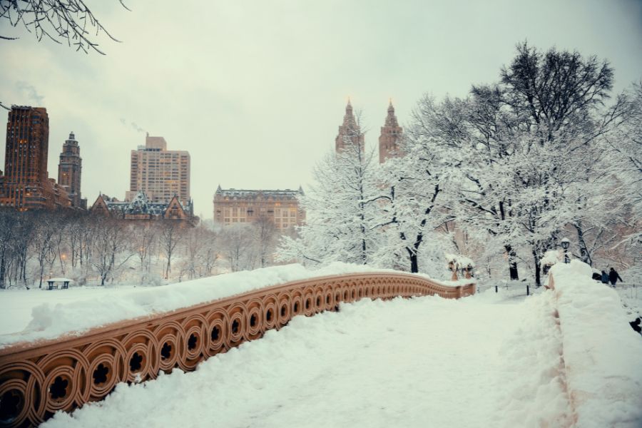 Snow-covered park and city skyline in Canada showing how winter weather patterns influence snow day predictions